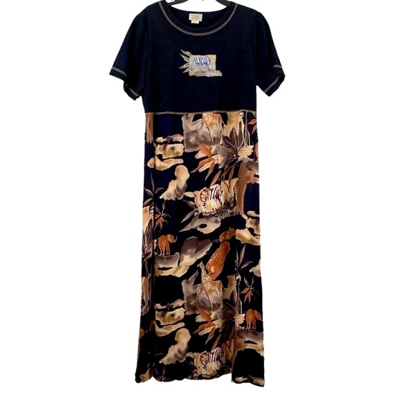 TEDDI Zebra Safari Black Brown T-Shirt Maxi Dress Size Large Y2K VINTAGE - Picture 1 of 6